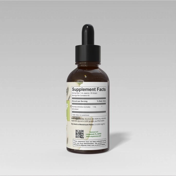Brown Bottle Dropper Tincture Soursop (Graviola) supplement facts on a grey background.