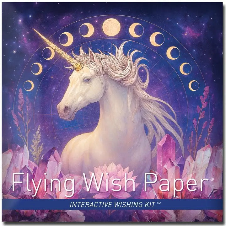 Unicorn with crystals and flowers on a purple background with 'Flying Wish Paper' branding.