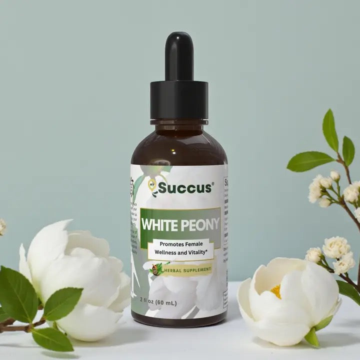 Brown dropper bottle Tincture White Peony Root on a grey background.