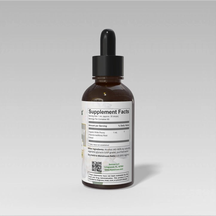 Brown dropper bottle Tincture White Peony Root supplement facts on a grey background.