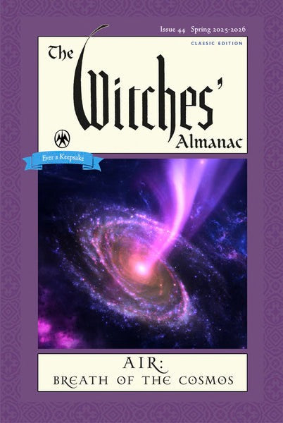 Cover of 'The Witches' Almanac' with a cosmic image and purple border