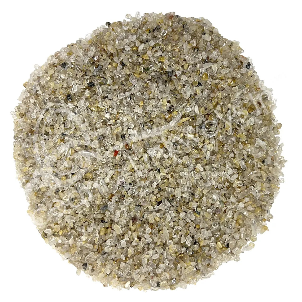 Round image of rutilated quartz with a white background