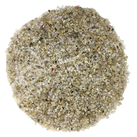 Round image of rutilated quartz with a white background