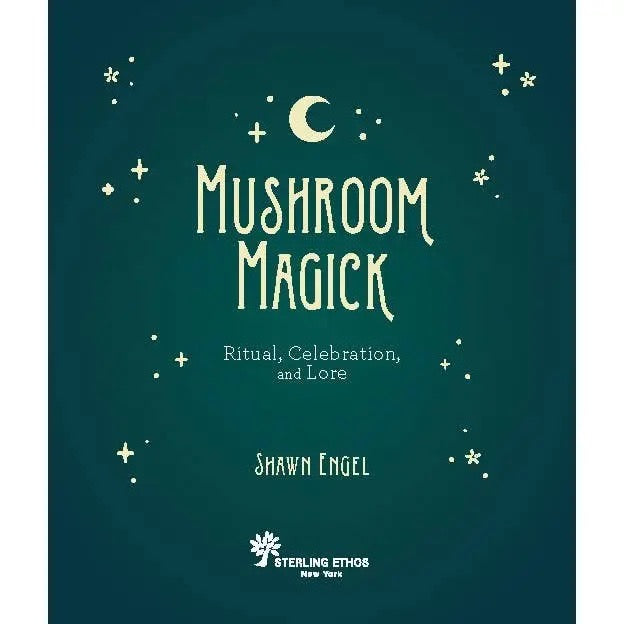 Book cover of 'Mushroom Magick' with a green background and moon and star illustrations.