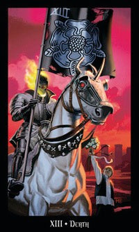 Artistic depiction of a horse with a rider, set against a dramatic sky.