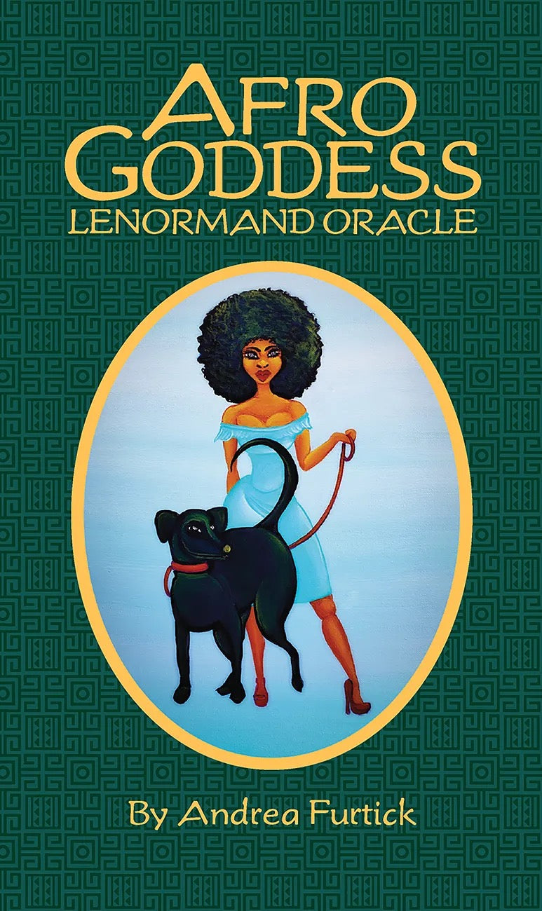 Book cover of 'Afro Goddess Lenormand Oracle' with a woman and black cat illustration on a green background.