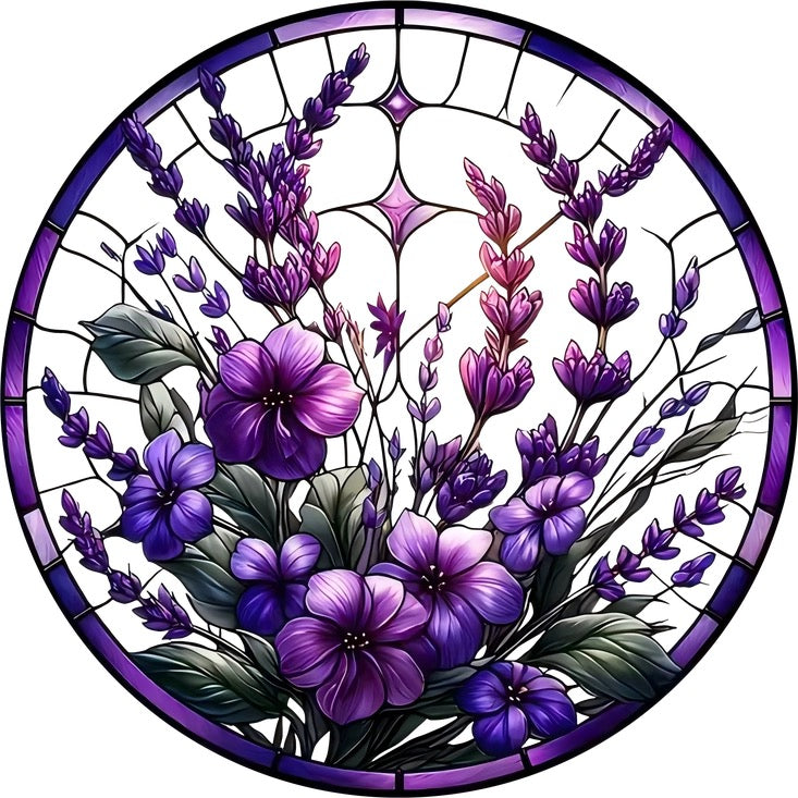 Stained glass design of purple flowers with a circular frame