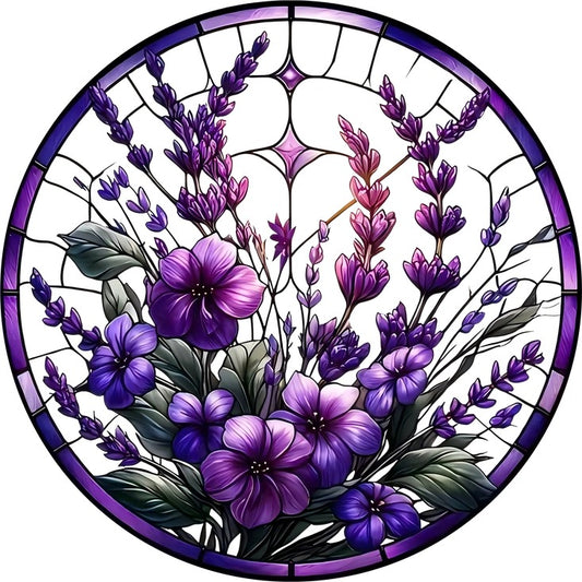 Stained glass design of purple flowers with a circular frame