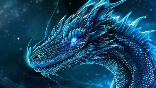 Blue dragon with glowing eyes on a dark background