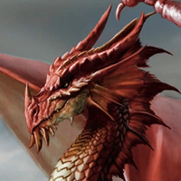 Close-up of a red dragon's head with detailed scales and horns.