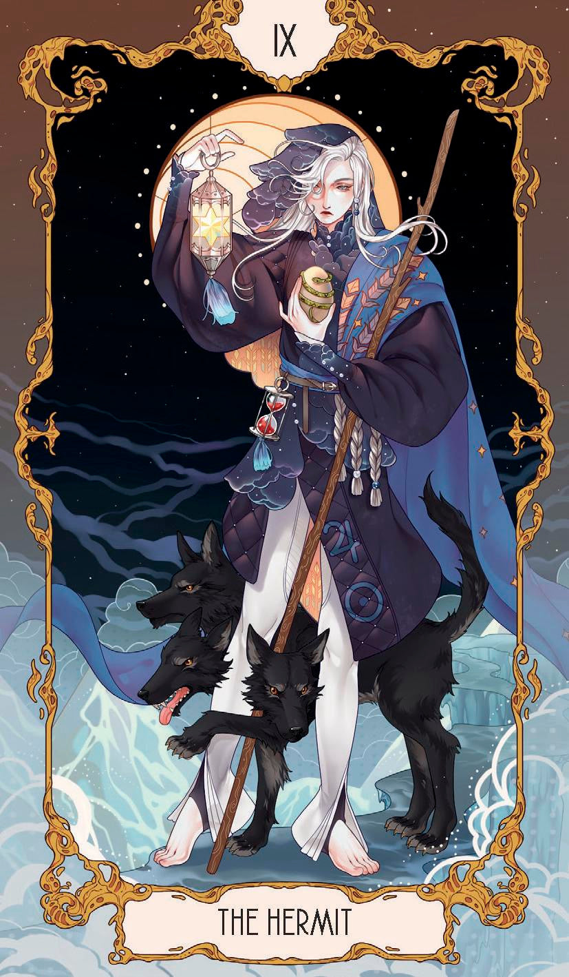 Anima Tarot The Hermit with three wolves black and a lantern