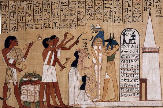 Egyptian scene with hieroglyphics and figures in a traditional style