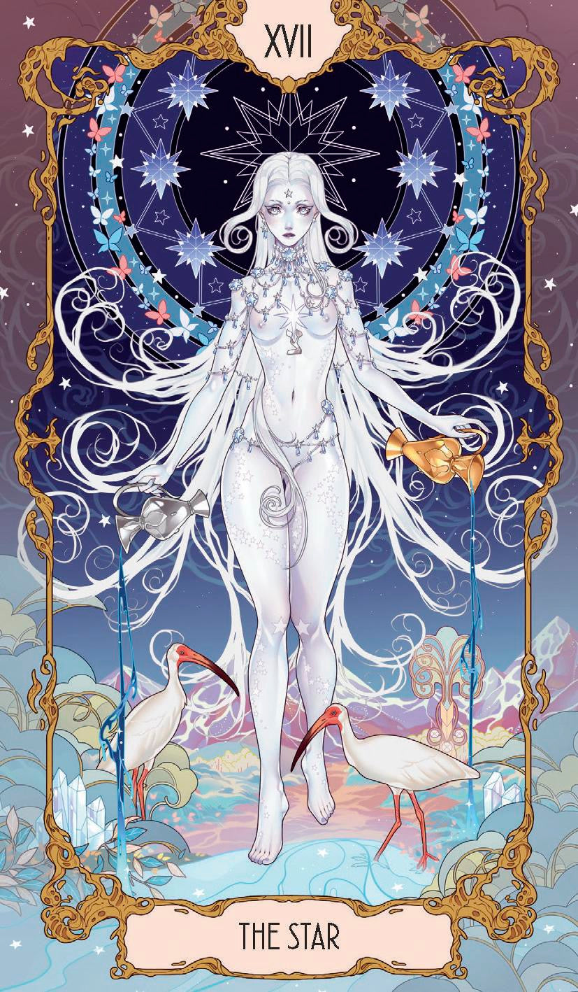 The Star Anima Tarot person with heavenly stars around their head and cranes