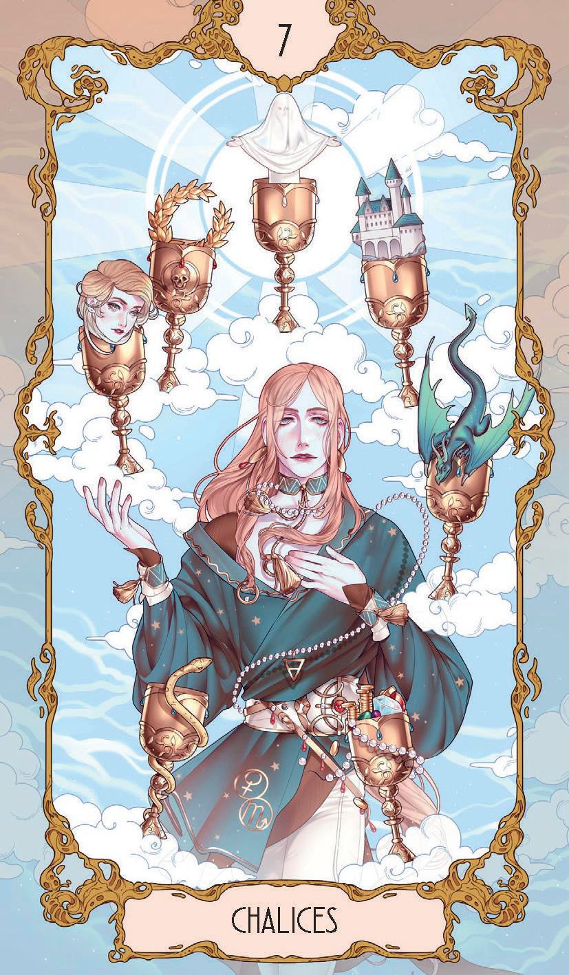 Anima Tarot Seven of Chalices cups floating in the sky with person in the clouds