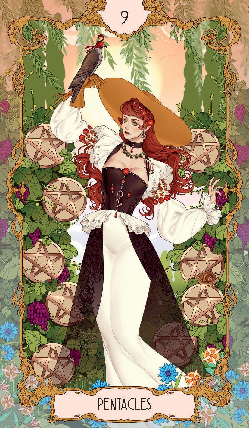 Nine of Pentacles Anima Tarot woman in forest with a falcon