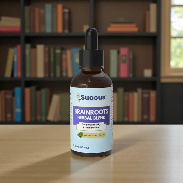 Bottle of Succus BrainRoots Herbal Blend on a table with a bookshelf background