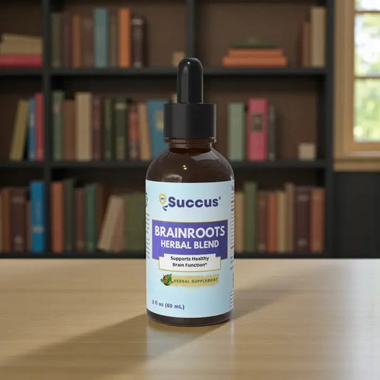 Bottle of Succus BrainRoots Herbal Blend on a table with a bookshelf background