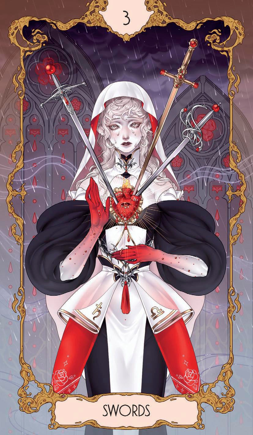 Anima Tarot Three of Swords piercing a woman's heart raining