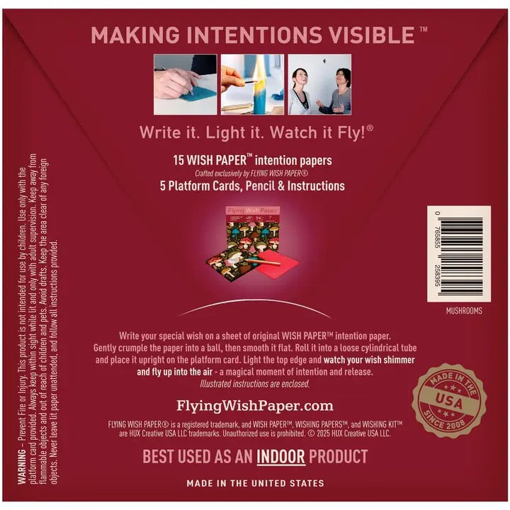 Back of a product packaging for 'Flying Wish Paper' with text and images on a red background.