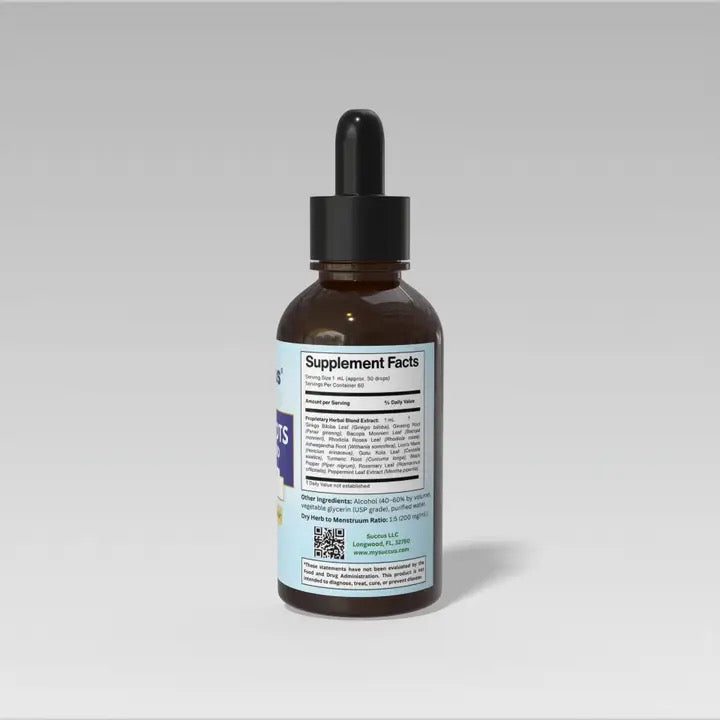 Bottle with dropper labeled 'Supplement Facts' on a gray background