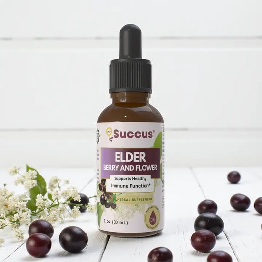 Bottle of Succus Elder Berry and Flower supplement with berries and flowers on a white background