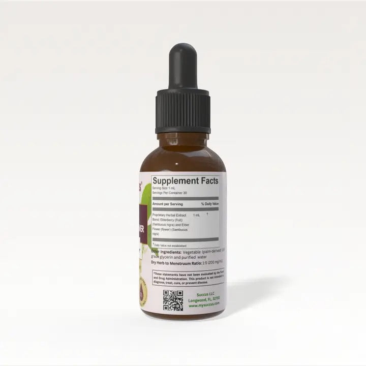 Bottle with dropper and supplement facts label on a white background