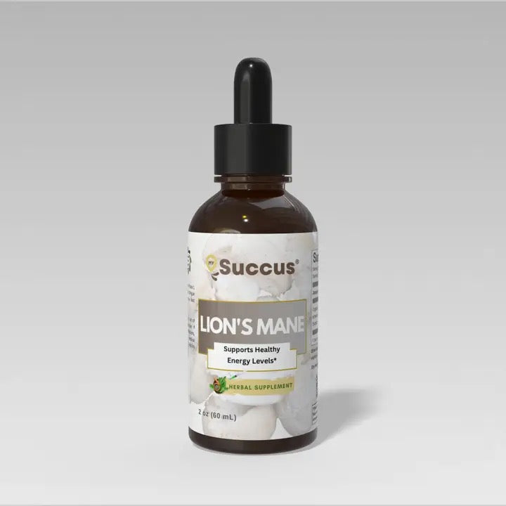 Bottle of Succus Lion's Mane supplement on a gray background
