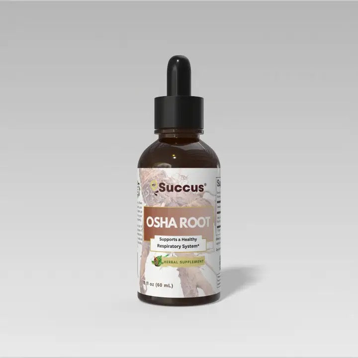 Bottle of Succus Osha Root supplement on a gray background