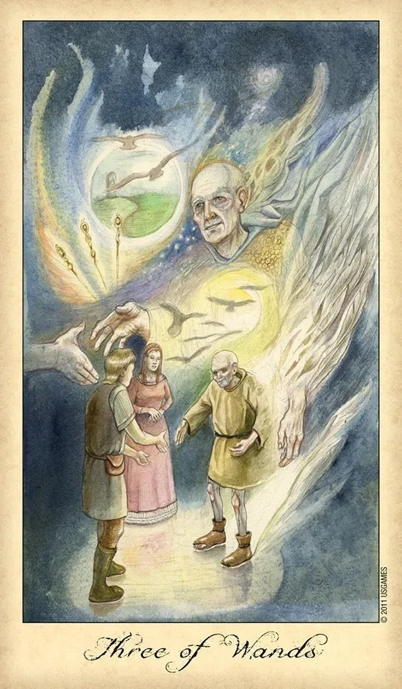 Illustration of a tarot card titled 'Three of Wands' featuring two people and an angelic figure.