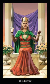 Tarot card featuring a figure in a red dress holding a sword and scales, with the word 'Justice' at the bottom.