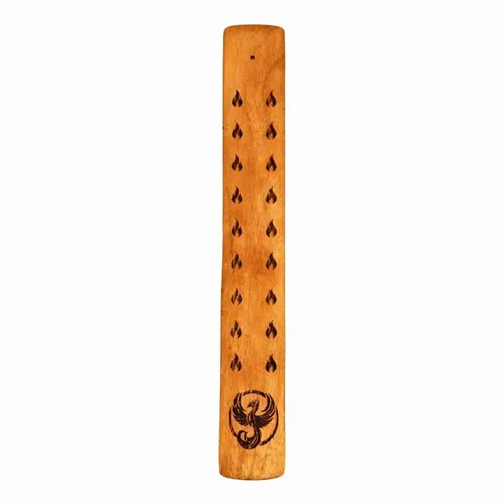 A vertical wooden incense holder with a natural light brown wood grain finish, featuring rows of small dark burnt holes and a dark phoenix logo near the bottom, shown on a plain white background.