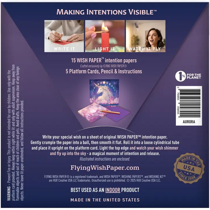 Back packaging of Flying Wish Paper with text and images on a blue background