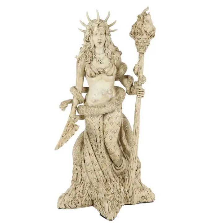 Statue of a mermaid with a staff on a white background