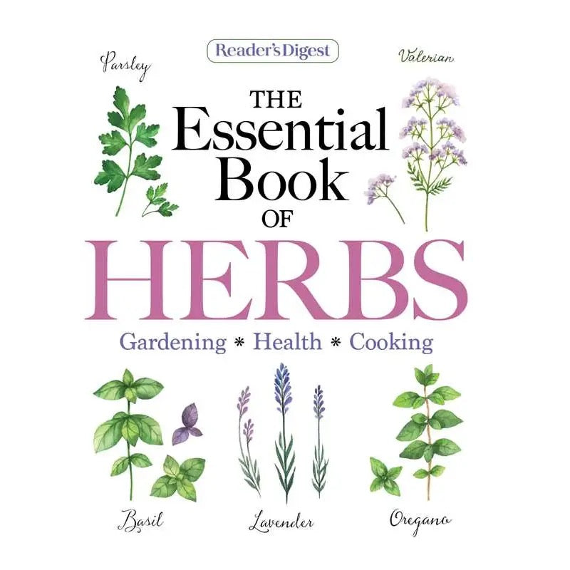 Book cover of 'The Essential Book of Herbs' by Reader's Digest with illustrations of herbs on a white background.