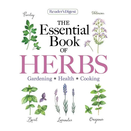 Book cover of 'The Essential Book of Herbs' by Reader's Digest with illustrations of herbs on a white background.