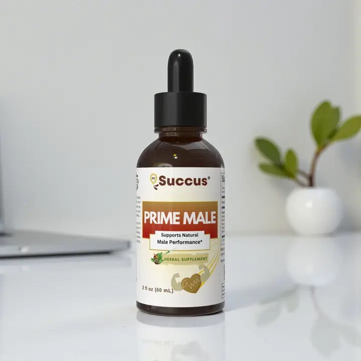 Bottle of Succus Prime Male supplement on a white surface with a plant in the background