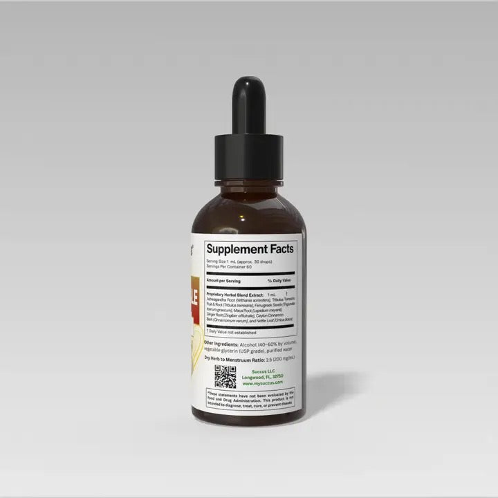 Bottle with dropper and supplement facts label on a gray background