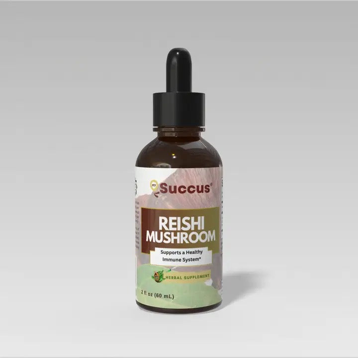 Bottle of Succus Reishi Mushroom supplement on a gray background