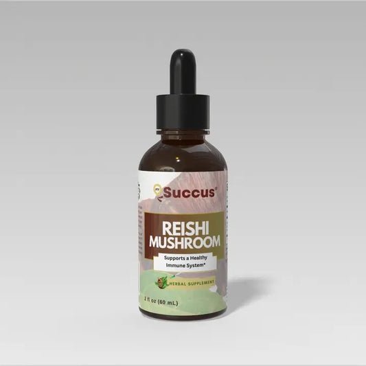 Bottle of Succus Reishi Mushroom supplement on a gray background