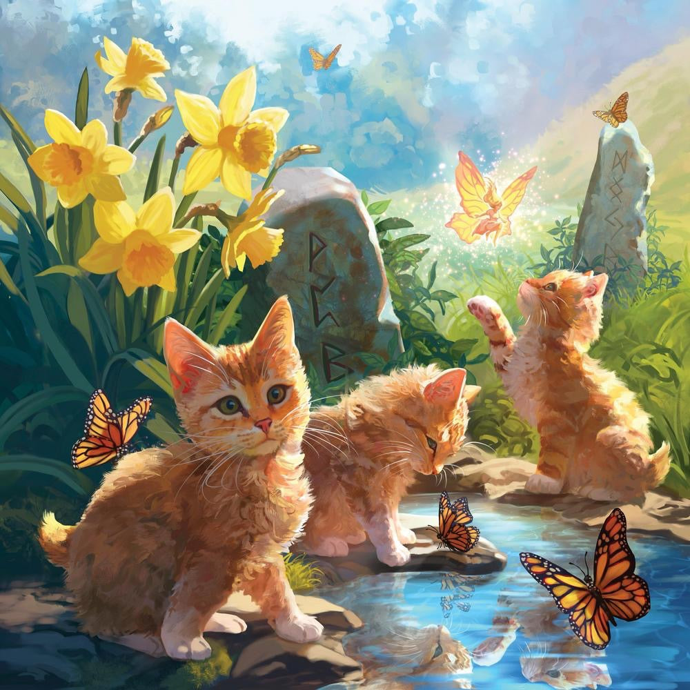 Three orange kittens by a pond with butterflies and flowers