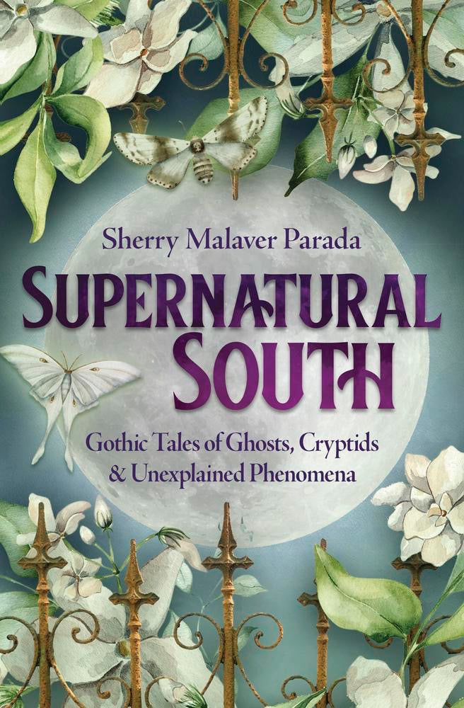 Supernatural South book cover with moths a moon and a gate