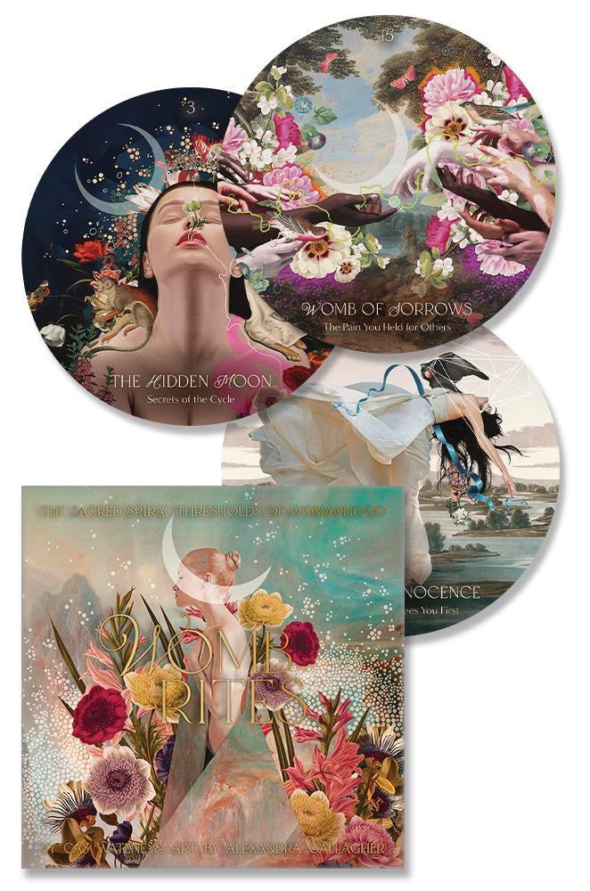 Collection of oracle cards with artistic covers featuring women and floral elements.