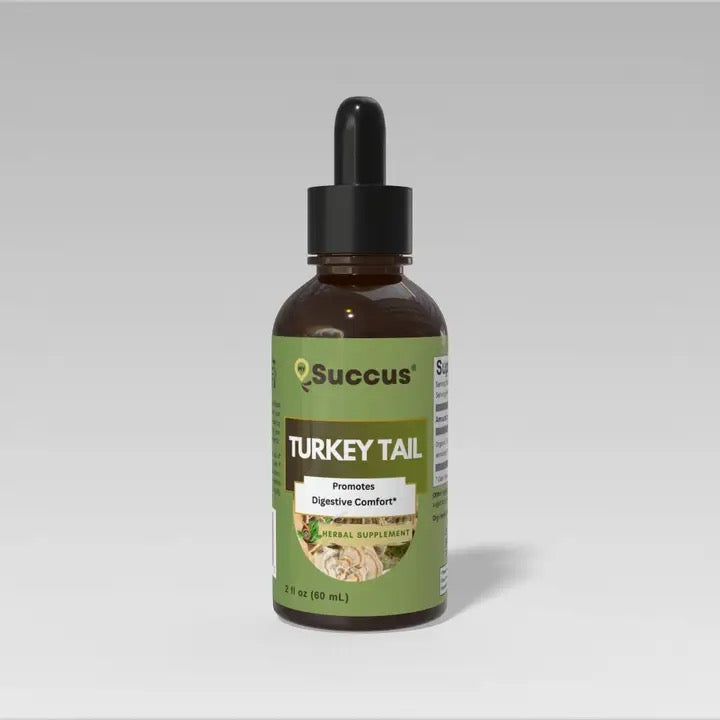 Bottle of Succus Turkey Tail supplement on a gray background