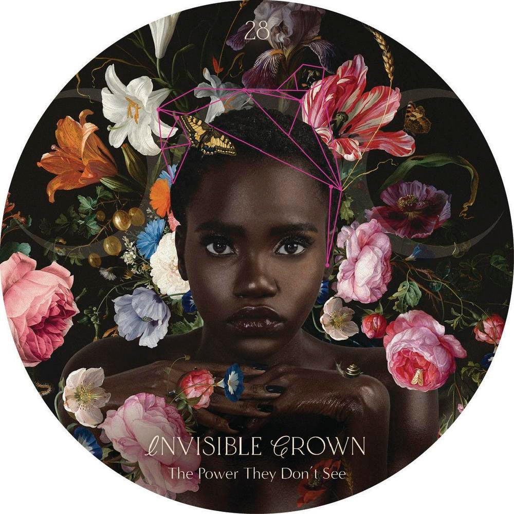 oracle card with a person surrounded by flowers and geometric shapes, titled 'Invisible Crown'.