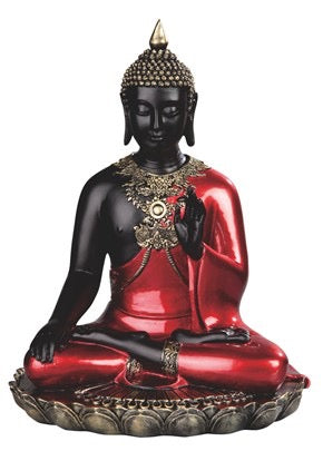 Decorative statue of a seated figure in black and red with intricate detailing on a white background
