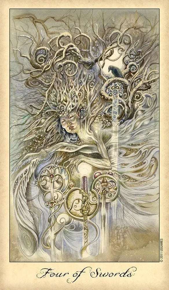 Artistic depiction of a tarot card titled 'Four of Swords' with intricate designs and symbols.