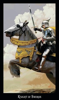 Knight on horseback with armor and a sword, set against a cloudy sky.