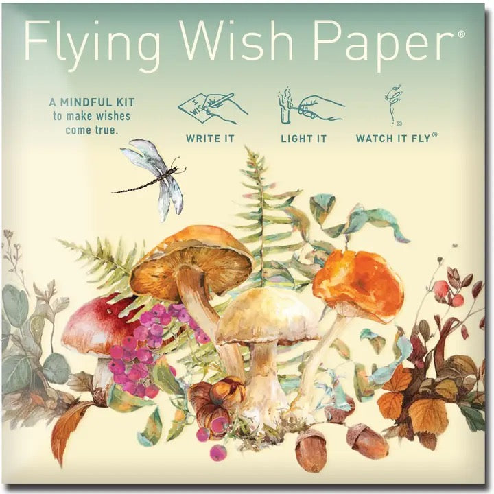 Product packaging for 'Flying Wish Paper' with mushrooms and nature-themed design.
