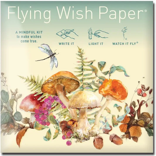 Product packaging for 'Flying Wish Paper' with mushrooms and nature-themed design.