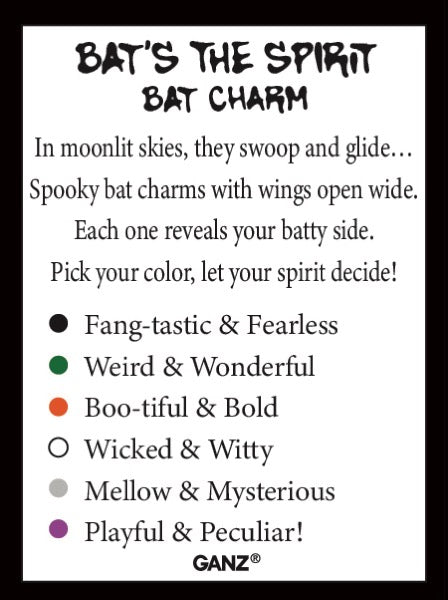 A product information card for a 'Bat's The Spirit Bat Charm' by GANZ, showing various color options with icons and descriptions like 'Fang-tastic & Fearless' in black, 'Weird & Wonderful' in green, 'Boo-tiful & Bold' in orange, 'Wicked & Witty' in white, 'Mellow & Mysterious' in gray, and 'Playful & Peculiar!' in purple.
